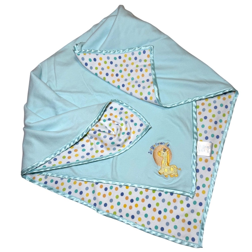 Small Wonders Blue Polka Dot Giraffe Jungle Friend Satin Trim Baby Blanket Cotto